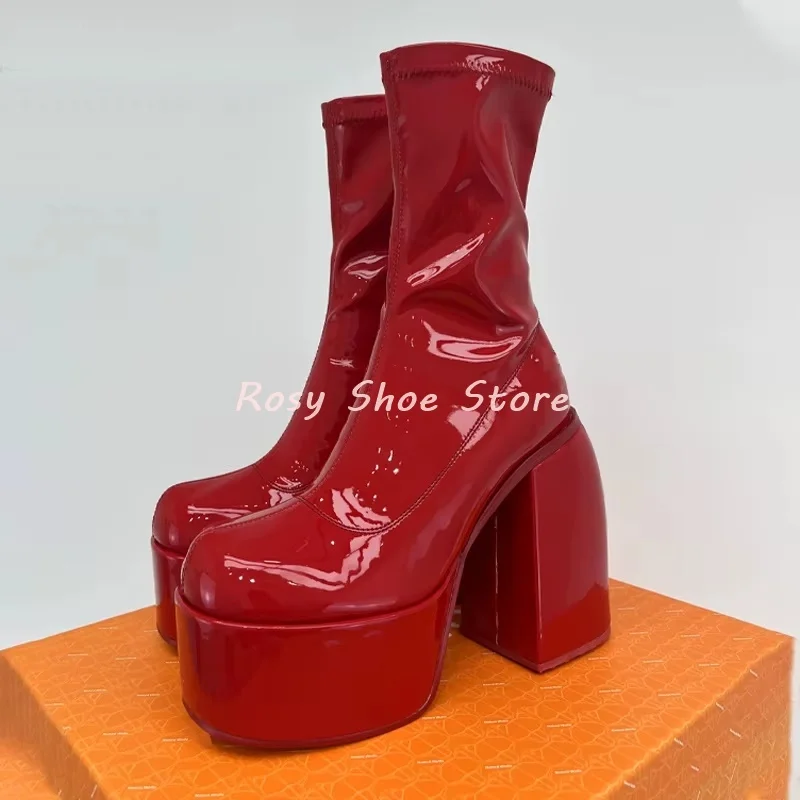 

Women's Super High Platform Patent Leather Short Boots Concise Square Toe Slip On Elastic Boot Classic Trend Street Catwalk Boot