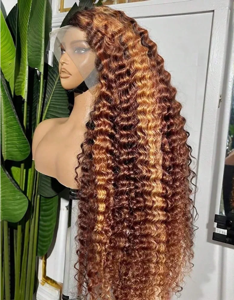 28 polegada destaque ombre peruca dianteira do laço 200 densidade 13x4 hd mel loira 4/27 onda profunda perucas frontais do laço