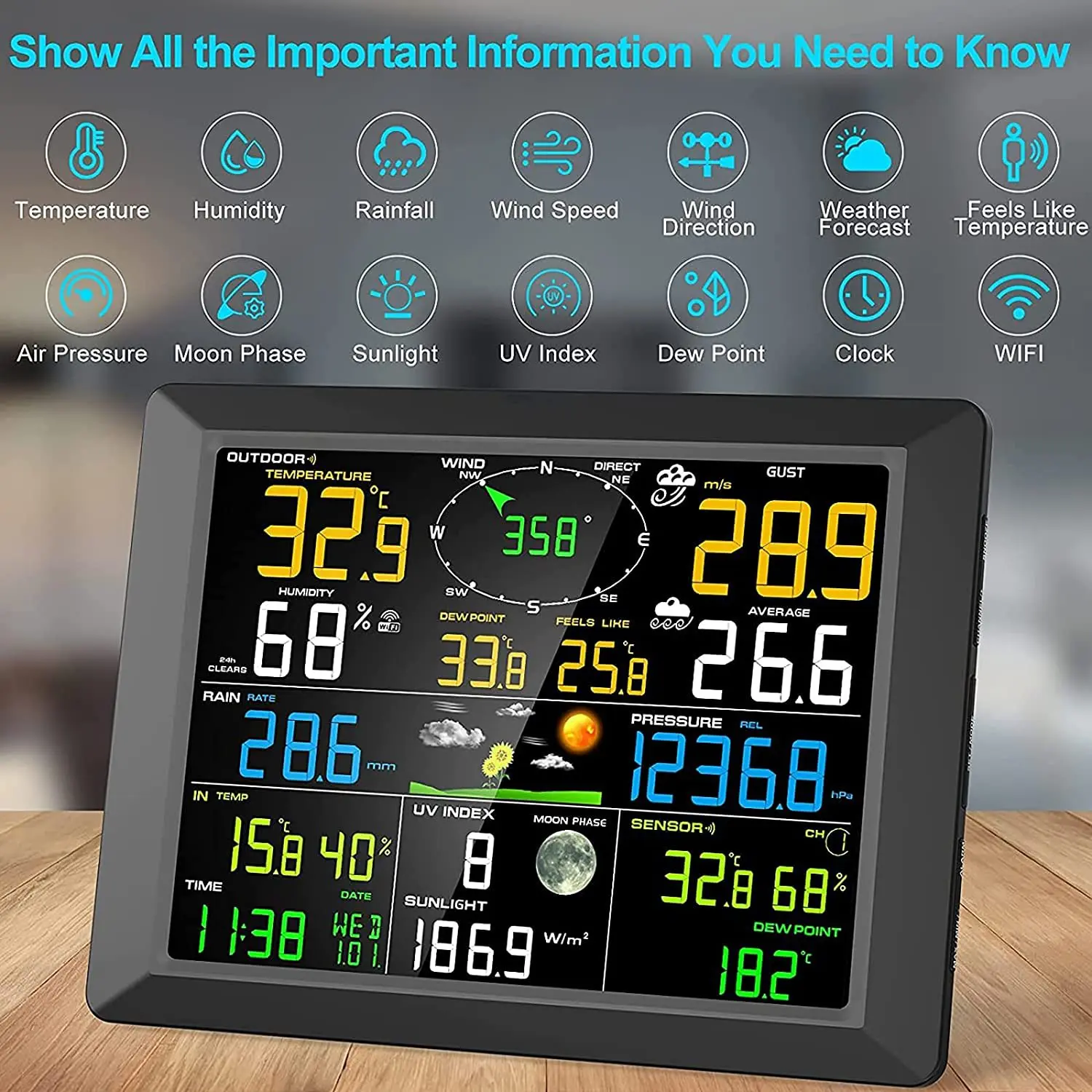 7-in-1 Weather Station Indoor Outdoor Temperature Humidity Speed Speed Direction Rain UV Wireless Color Console protect Data