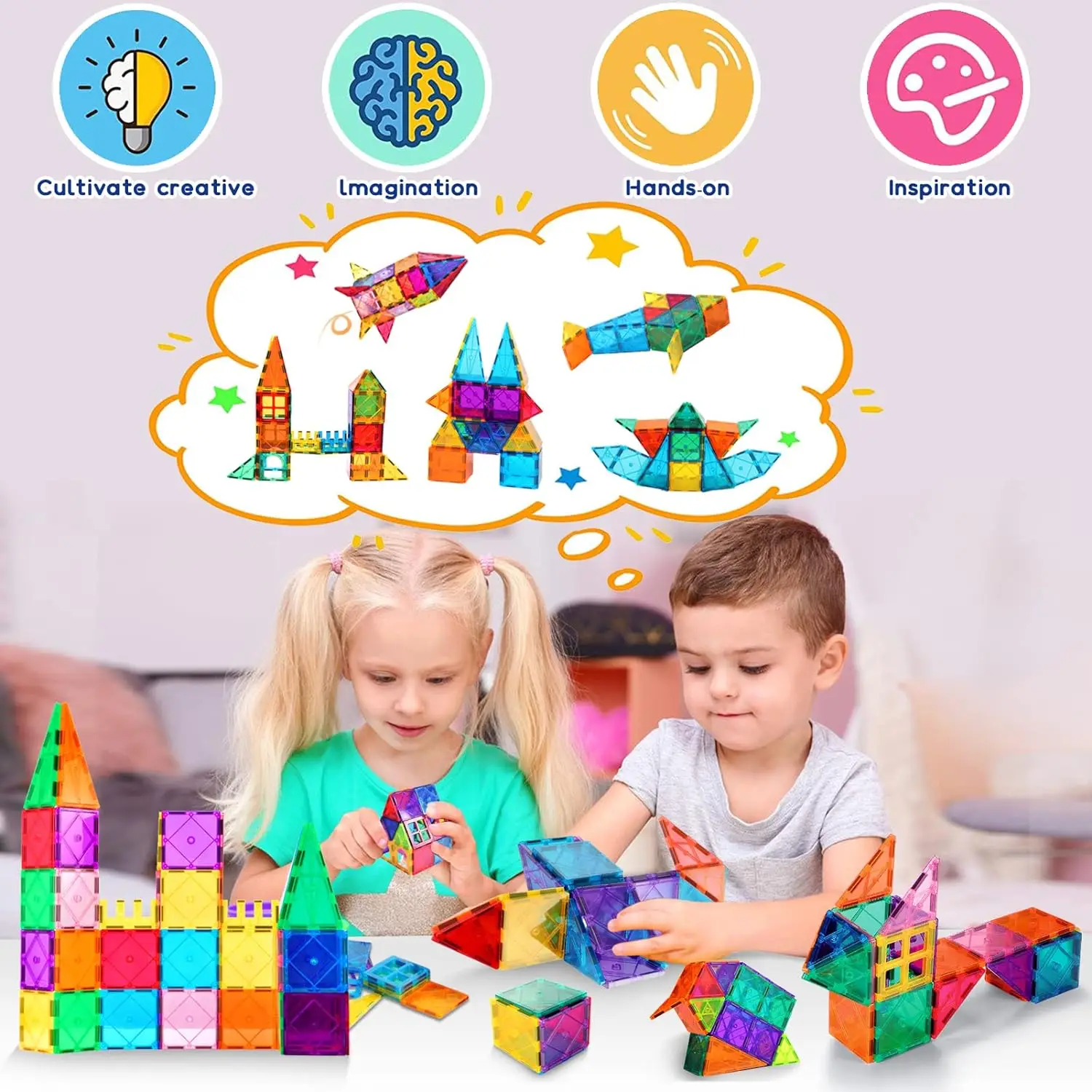 Magnetic building blocks 3D colored tiles suitable for children aged 4-8 in STEM early education architecture magnetic toys