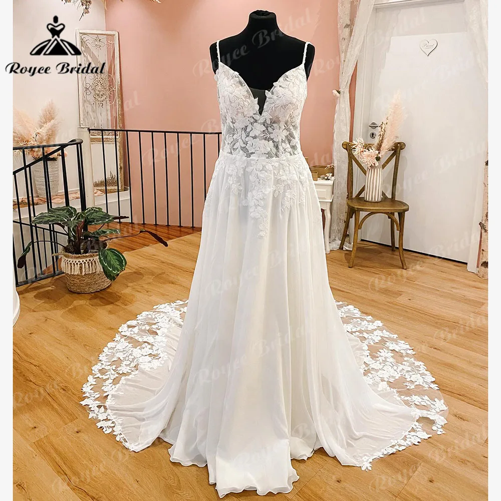 Szata Boho koronkowa szyfonowa suknia ślubna z odkrytymi plecami dla kobiet 2024 paski Spaghetti suknia ślubna vestido de noiva casamento civil Sexy
