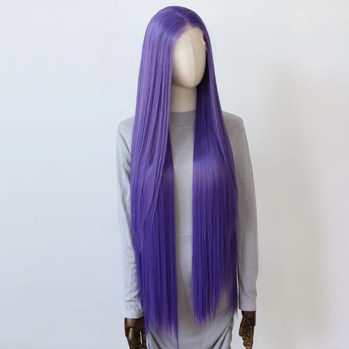 Imagen 2 del producto Peluca con malla frontal sintética de color púrpura oscuro, peluca larga y recta de 40 pulgadas, peluca sintética con malla frontal de color púrpura vivo, línea de cabello Natural prearrancada