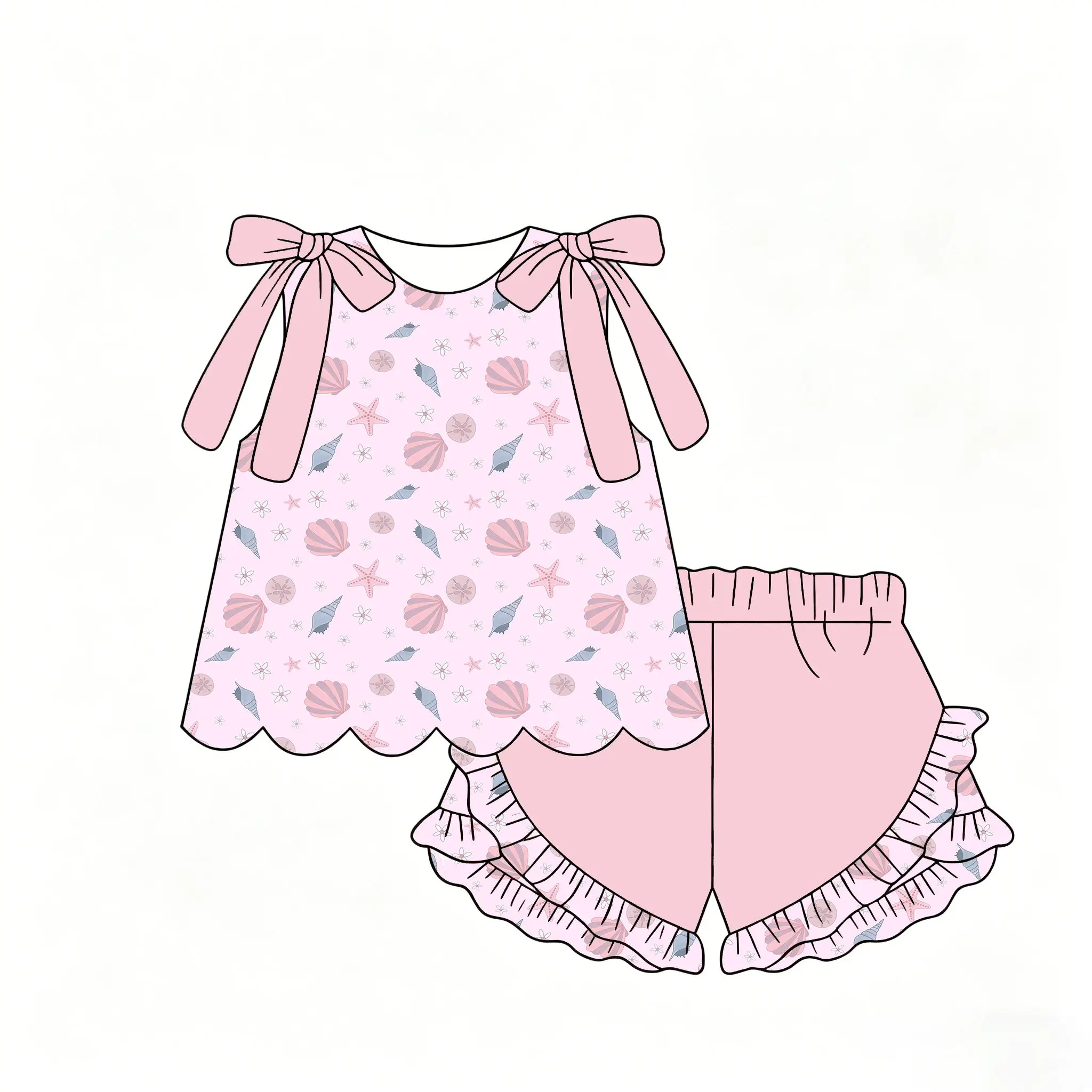 Boutique Children's Best-Seller Girls' Set Sleeveless bow-decorated dress paired with ruffled shorts flowers print Custom