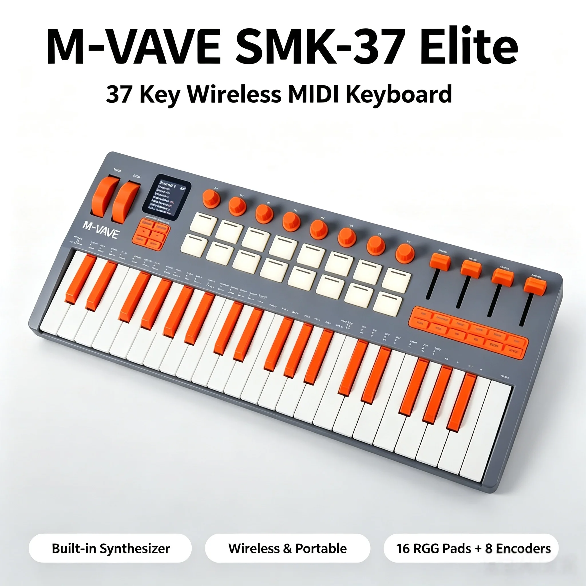 M-VAVE SMK-37 Elite 37-Key Wireless MIDI Keyboard with Built-in FM Synth 16 Pads 8 Knobs 4 Faders 10H Battery