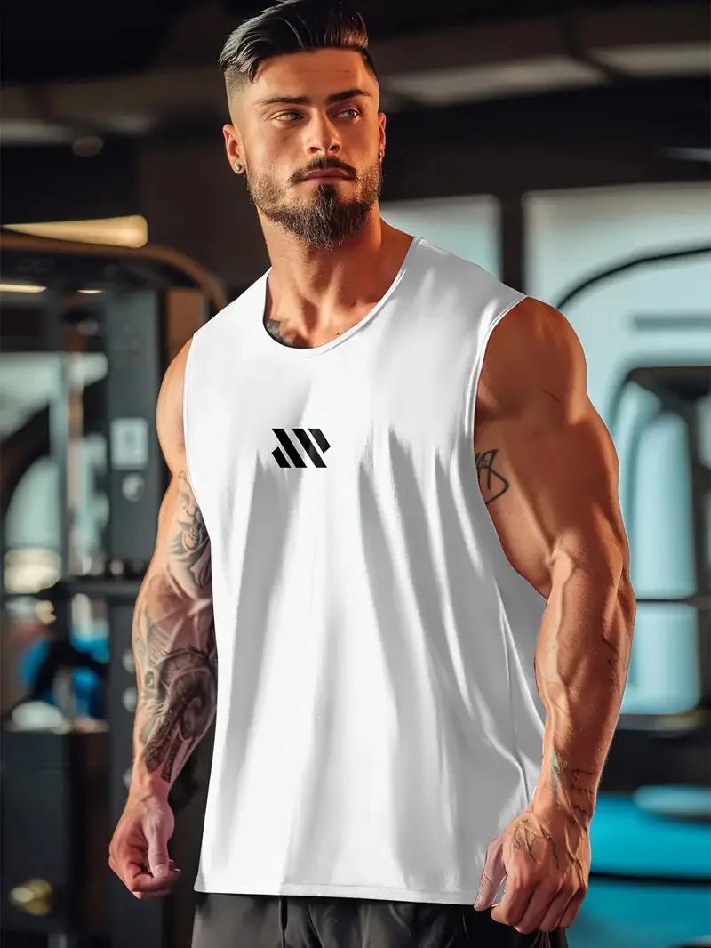 Summer men\'s solid color monogram round neck sleeveless undershirt daily fitness sports breathable not boring short sleeve