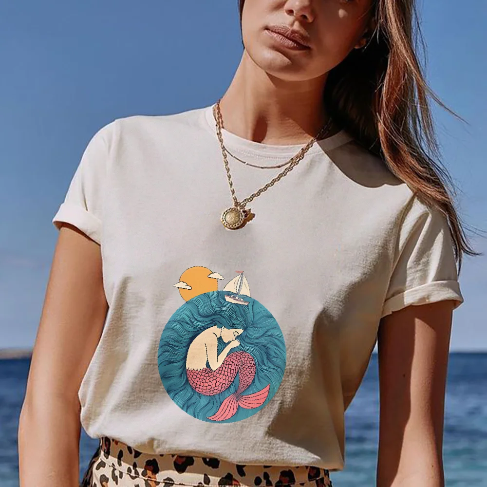 

Летние милые женские футболки с принтом «Русалка», модные футболки с графическим дизайном, летняя футболка большого размера, уличная одежда, дышащие мягкие топы