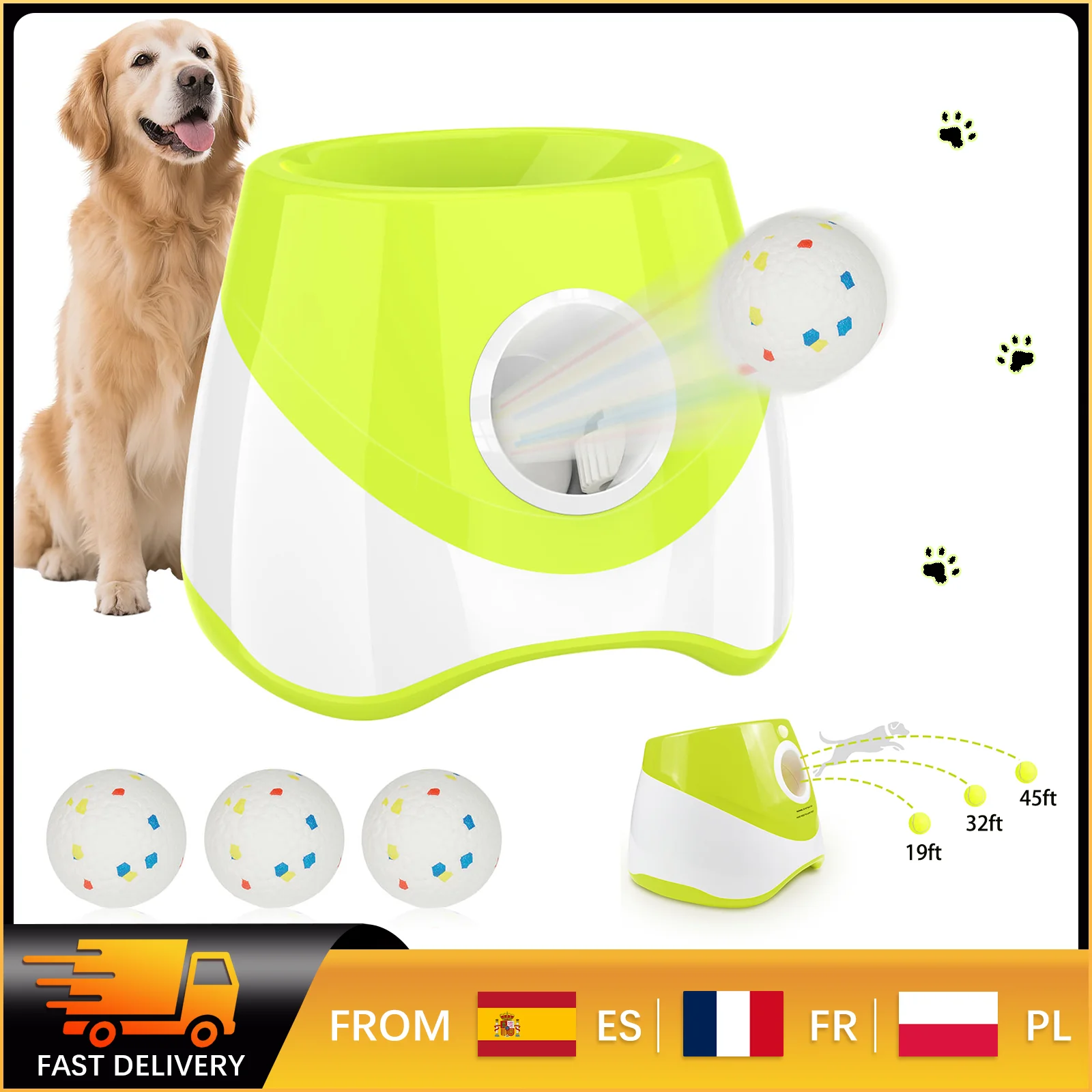 Lanciatore automatico di palline per cani con 3 palline da tennis 6m/10m/14m Giocattoli interattivi ricaricabili per cani Giocattolo per animali domestici per interni/esterni
