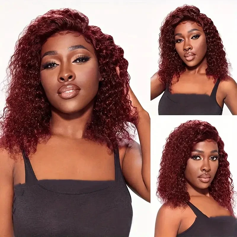 

13x4 99J Brazilian Short Bob Wig Deep Curly Wavy Human Hair Wigs 180 Density Burgundy Color Lace Frontal Bob For Black Woman