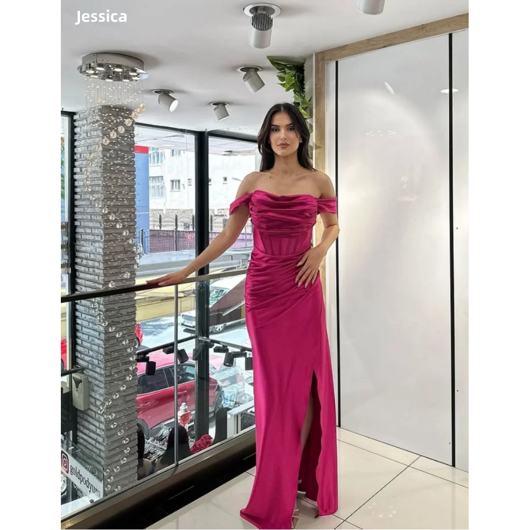 

Jessica Wedding Party Dresses Evening Dresses Pleated Herringbone Silk Satin Prom Dresses Sexy Off Shoulder Corset Customized