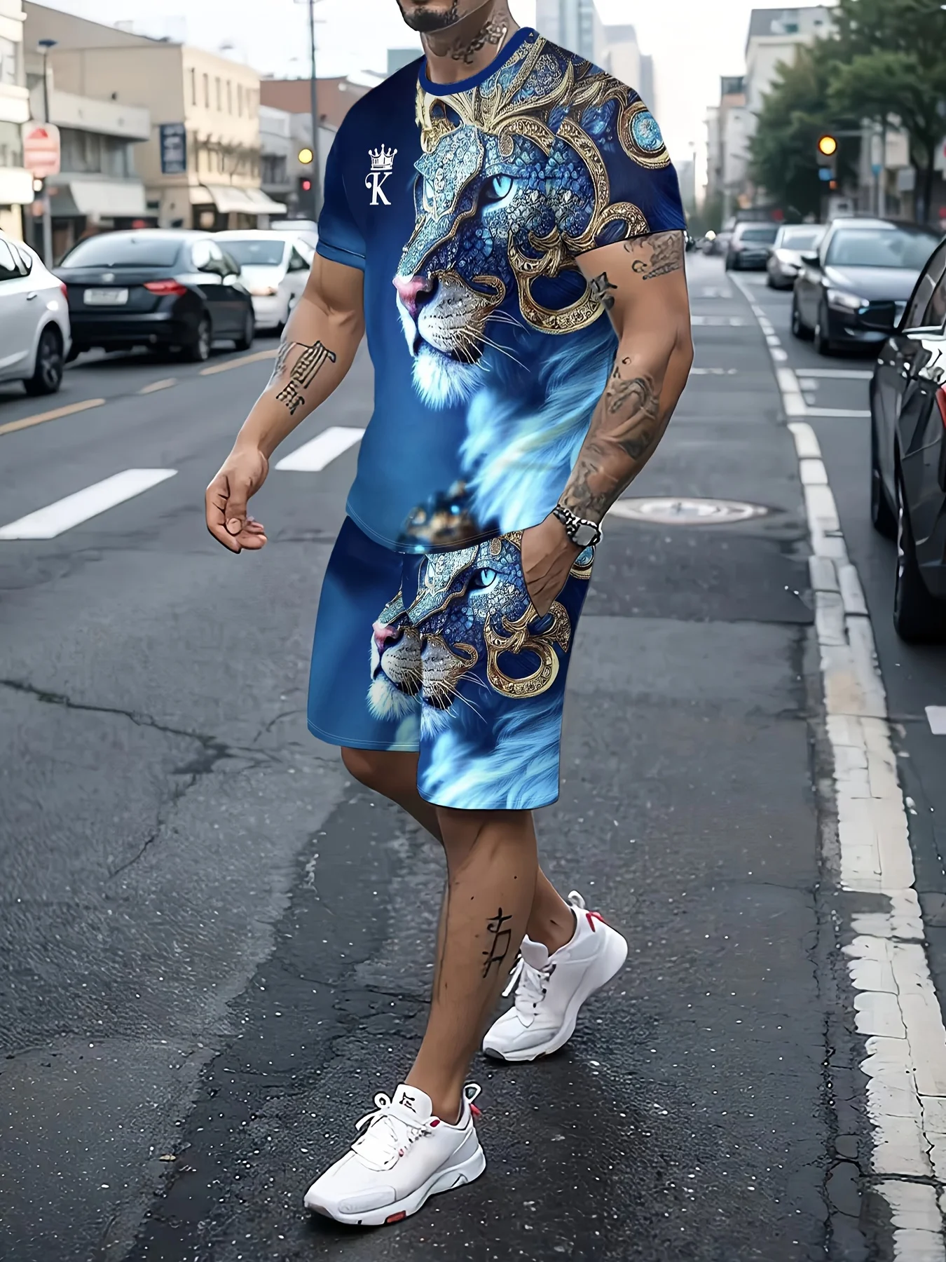 Domineering Lion Print Short-Sleeved Shorts Two-Piece Set Casual Men\'s Fashion Short-Sleeved Shorts Sportswear Clothing