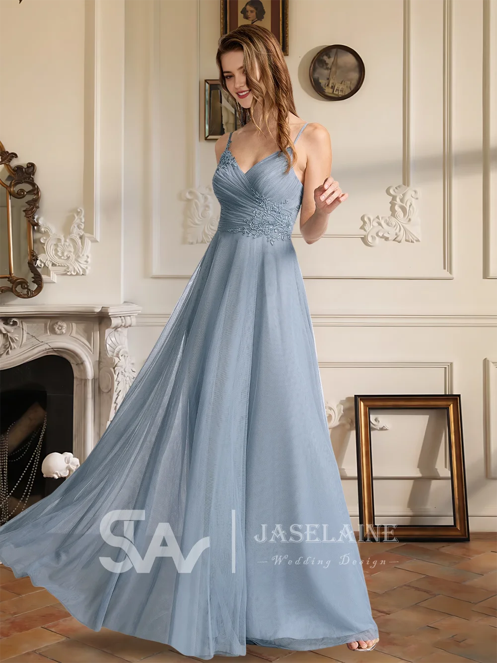 

A Bridesmaid Dresses A-Line V-Neck Floor-Length Lace Tulle Wedding Guest Evening Party Cocktail Dresses Woman Wedding Party
