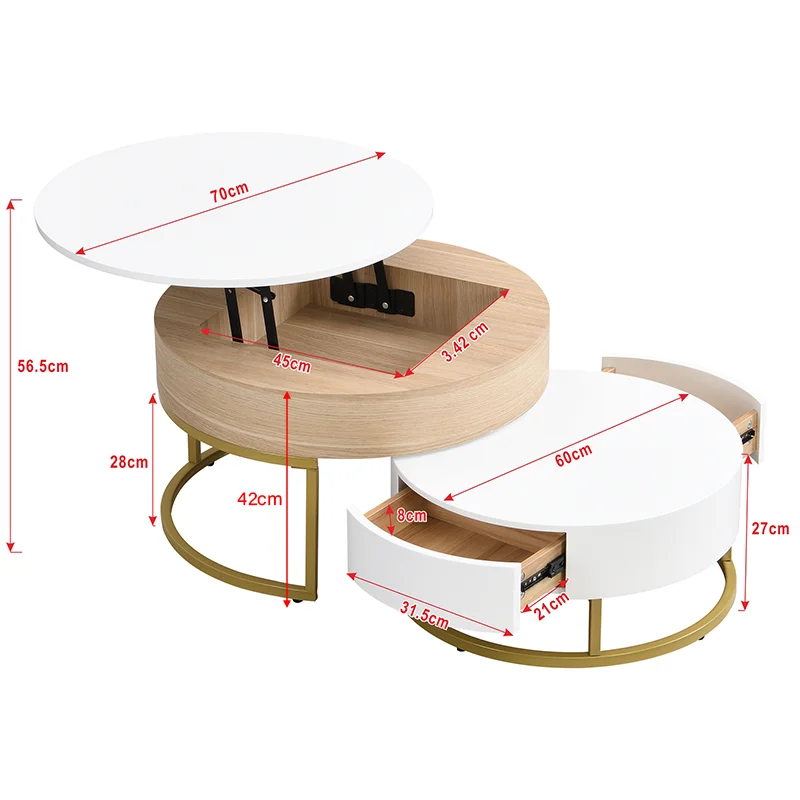 طقم طاولة قهوة مستديرة قابلة للطي من كومانلاي مكونة من 2، طاولة جانبية قابلة لضبط الارتفاع، مع سطح رفع ودرج، ومساحة تخزين مخفية