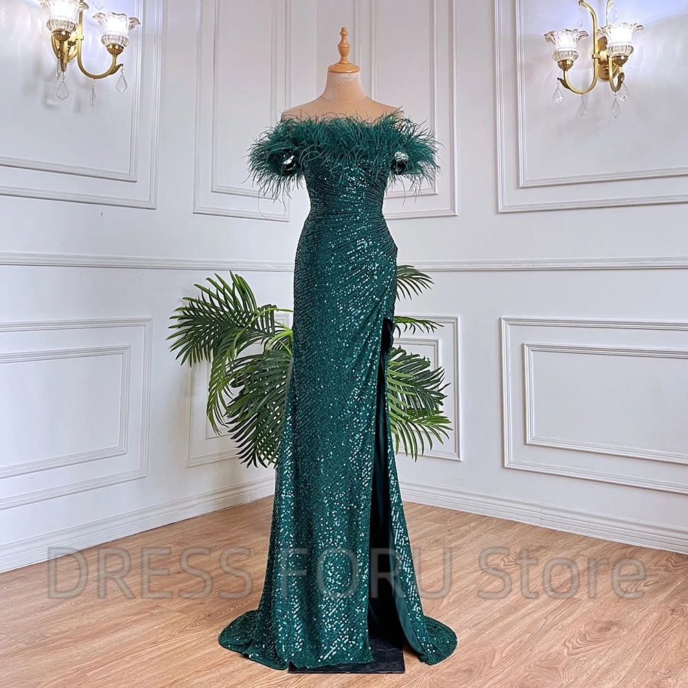 Modern Sequins Floor Length Evening Dress Elegant Boat Neck with Feathers Short Sleeve Open Back and Side Slit Banquet Gowns