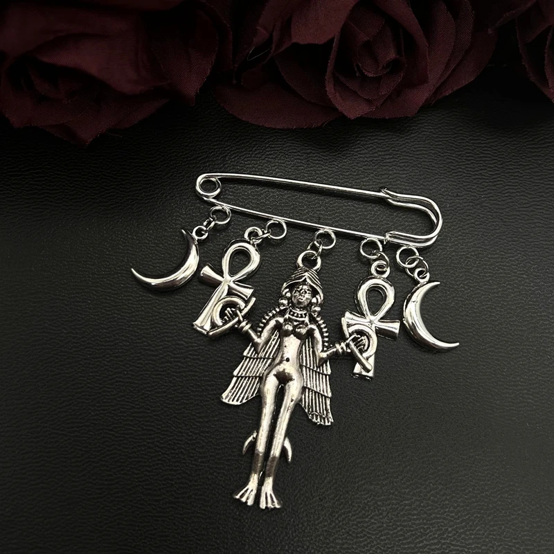 Lilith | Inanna | Ishtar | Brooch / Pin - Burney Relief Lilith Vampire Demonic Satanic Gothic Occult Inanna Witch Gift Moon Ankh