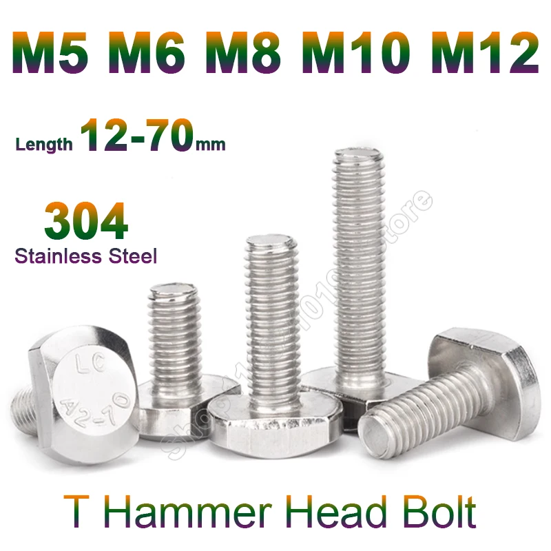 

2-10Pcs M5 M6 M8 M10 M12 GB37 304 Stainless Steel T Hammer Head T Shape Type bolts Screws for T-Slot Chute Rail Miter Track