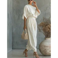 2026 Summer One Shoulder Linen Two Piece Set Women Roll Up Sleeve Waist Belt High Waist Lantern Pants White Breathable Casual Daily Beach Vacation Resort Outfit For American Ladies - Image 4