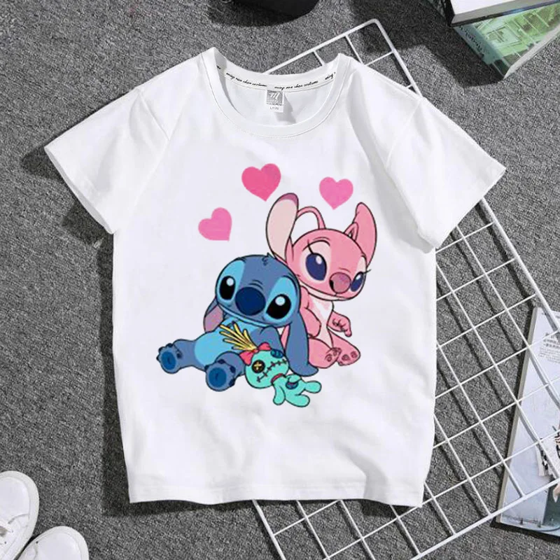 Disney Stitch White Crew Neck Summer T-Shirt Boys & Girls Casual Fashion Kids/Adults Comfortable Breathable Streetwear