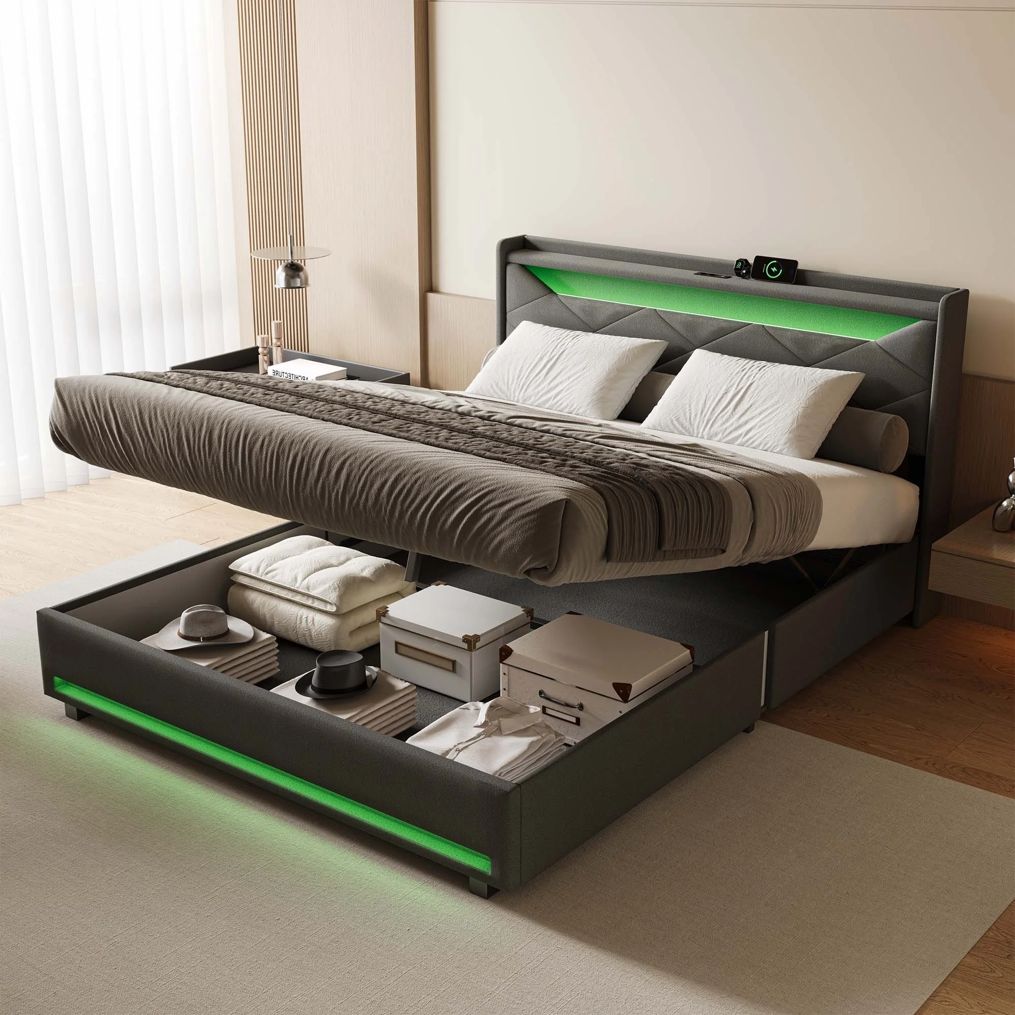 Letto imbottito Anajqaqia 140x200 cm, letto idraulico con funzione di ricarica, striscia di illuminazione a LED, spazio di archiviazione, lino, grigio