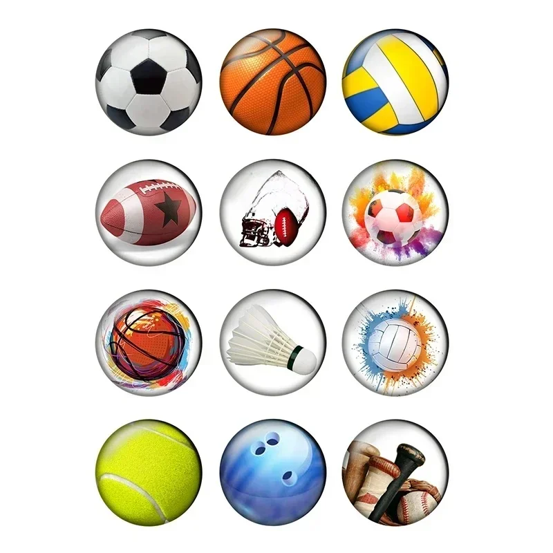 12 pièces Sport Football basket-ball Baseball rond Photo verre Cabochon 8mm à 25mm démo dos plat bijoux à bricoler soi-même faisant des fournitures T019