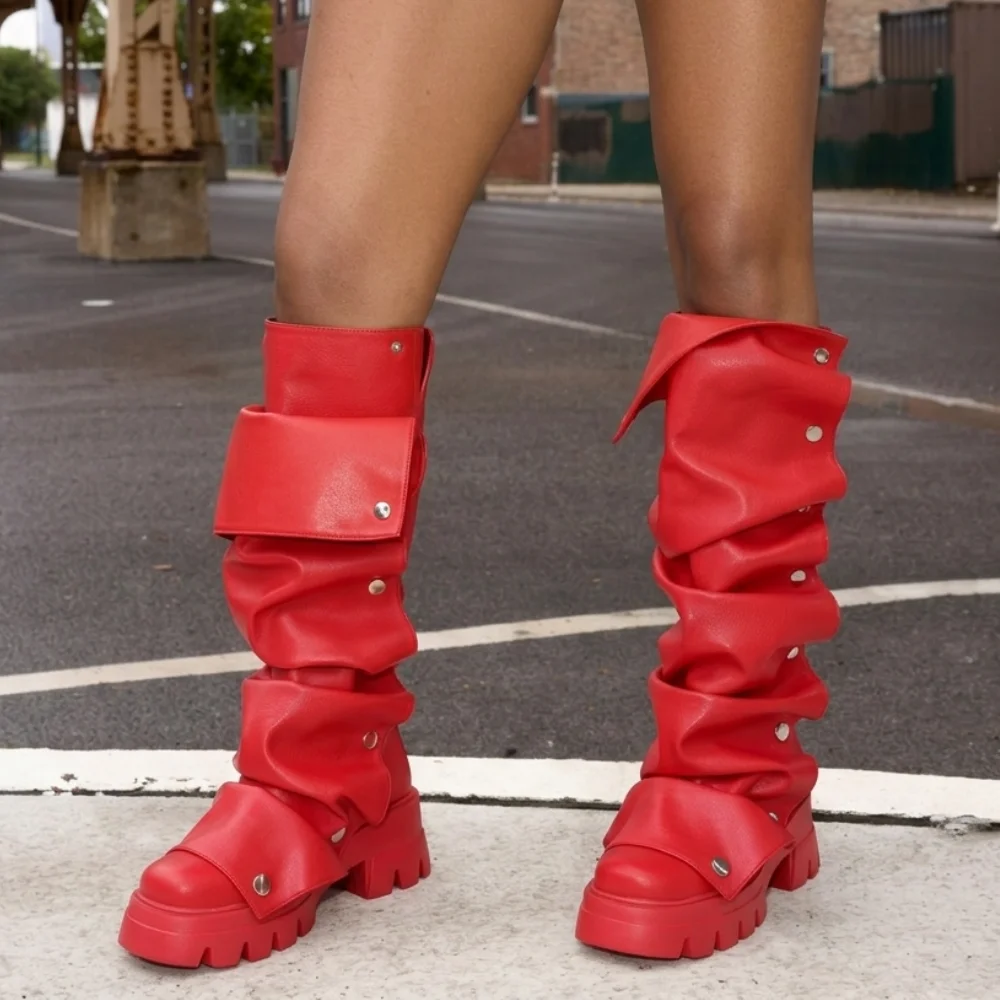 Women Fold Over Knee High Boots Platform Heels Ruch Boots Chunky Heel Short Booties Round Toe Pull-On Shark Boot Daily Party Y2K Dress Boots
