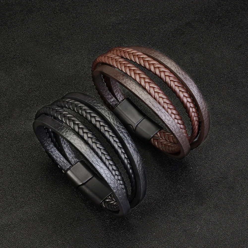 1pc Men Fashion Leather Bracelet Stainless Steel Multi-layered Braided Rope Bracelet Jewelry