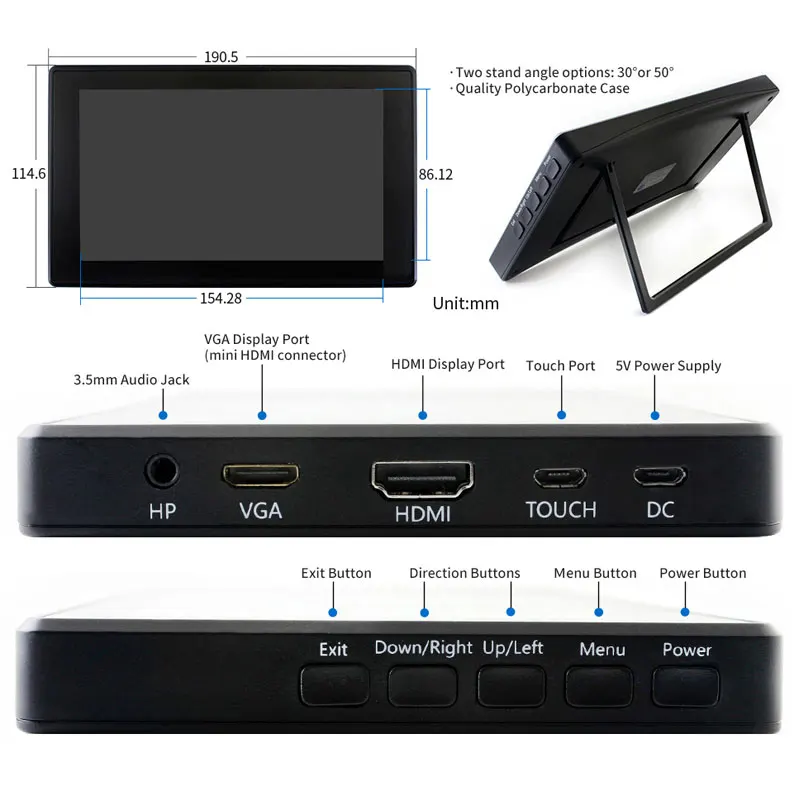 Raspberry Pi 7inch HDMI LCD TouchScreen (H) with Case IPS Display 1024×600Pixel Support Raspberry Pi/Jetson Nano/PC/Game Console