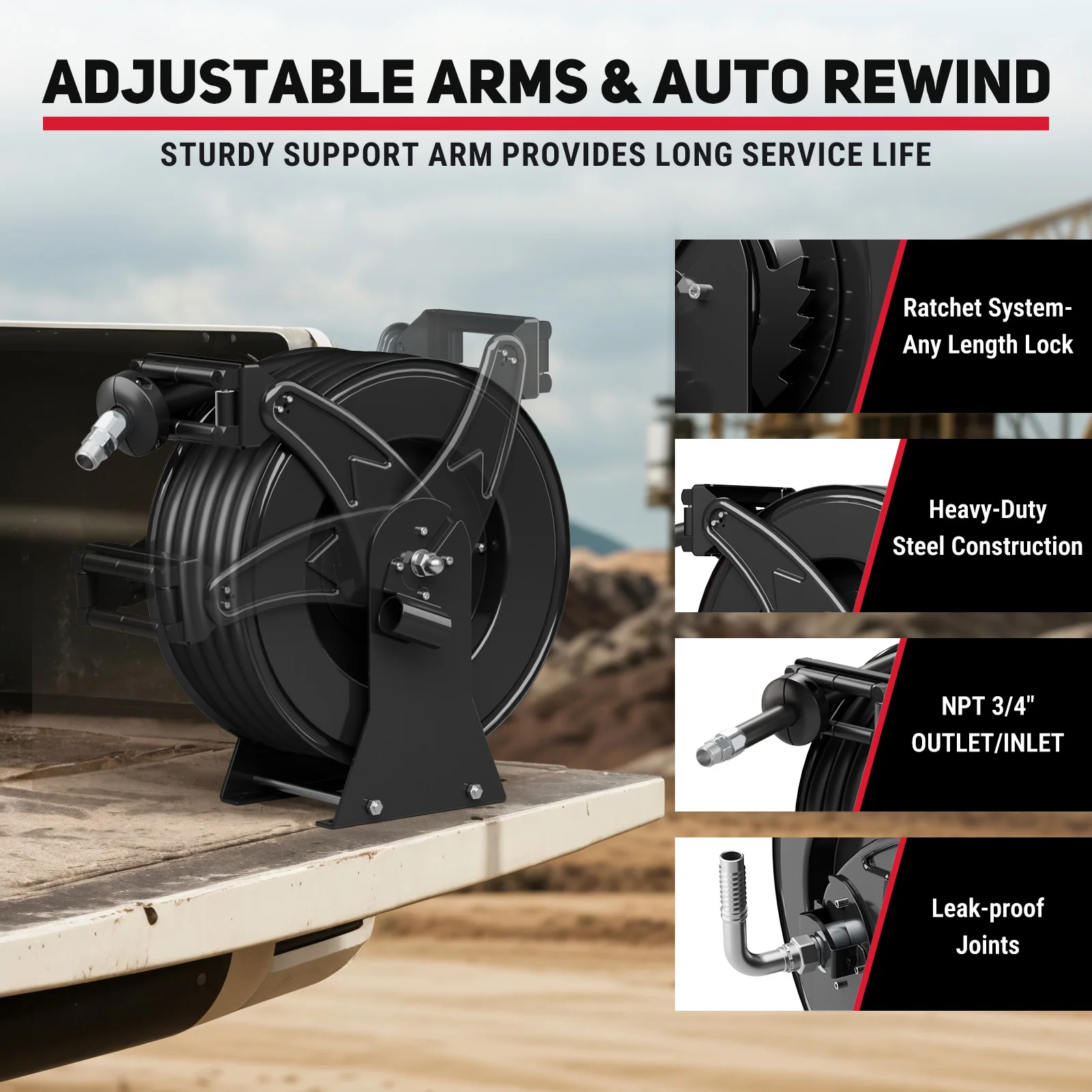 بكرة خرطوم الوقود 3/4 بوصة × 50 قدم بكرة خرطوم الديزل القابلة للسحب 300 رطل لكل بوصة مربعة حامل خرطوم زنبركي بكرة فولاذية شديدة التحمل باللون الأسود