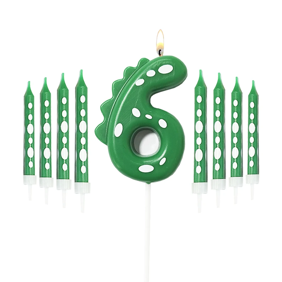 Grüne Dinosaurier-Zahlen 0–9 + 8 Stück grüne Kerzen „Happy Birthday“-Kuchenkerze für Kinder, Prinz, Party, Cartoon-Dinosaurier-Dekoration – Detail 7