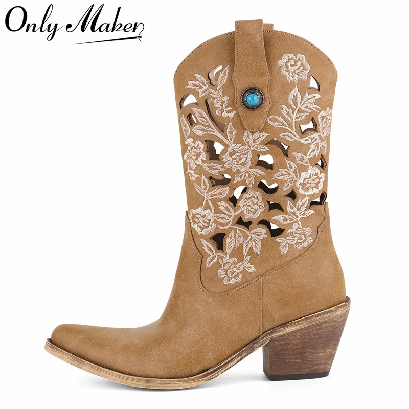

Onlymaker Women Pointed Toe Embroidered Chunky High Heel Western Cowgirl Boots Hollow Mid-Calf Boots Retro Light Ankle Boots