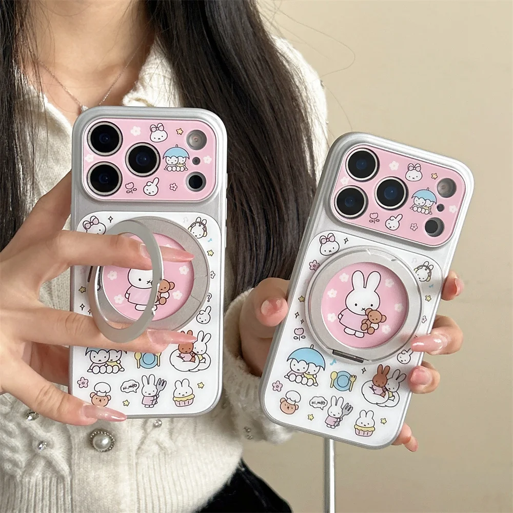 

Kawaii Bear Rabbi twith 360° Rotate Holder Stand Phone Case for iPhone 17 Pro 15 14 13 16 Pro Max Cover Cartoon Shockproof Funda