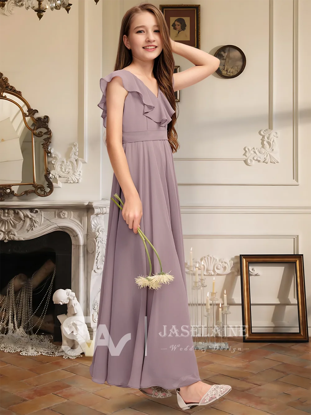 Elegantes A-Linien-Kleid mit V-Ausschnitt und bodenlangem Chiffon für junge Brautjungfern, kaskadierende Rüschen, Blumenmädchenkleid für Mädchen, Party, Hochzeit, formell