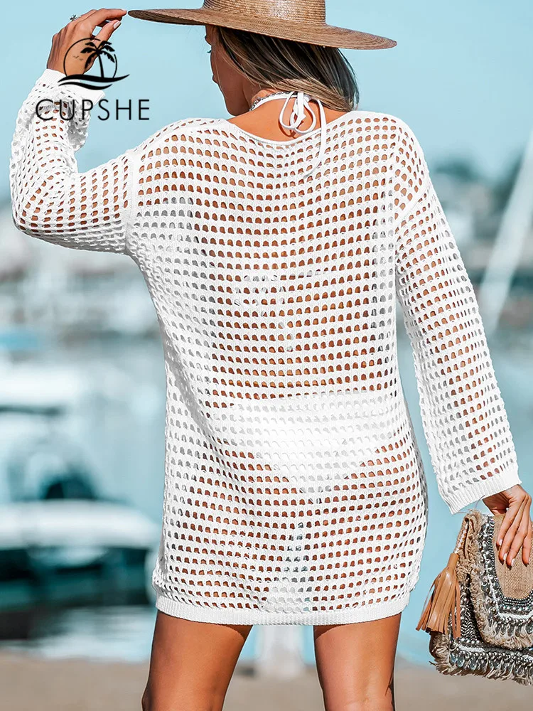 CUPSHE White Crochet Knit Bikini Swim Cover Up For Women Sexy O-neck Long Sleeve Beach Tunic Mini Dress 2023 Summer Beachwear