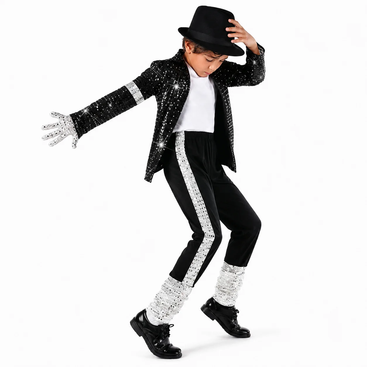 Kids Boys 7PCS Pop Star Performer Costume Set, Black Sequin Jacket, Fedora Hat, Sunglasses & Gloves for Halloween Stage Shows and Dance Parties