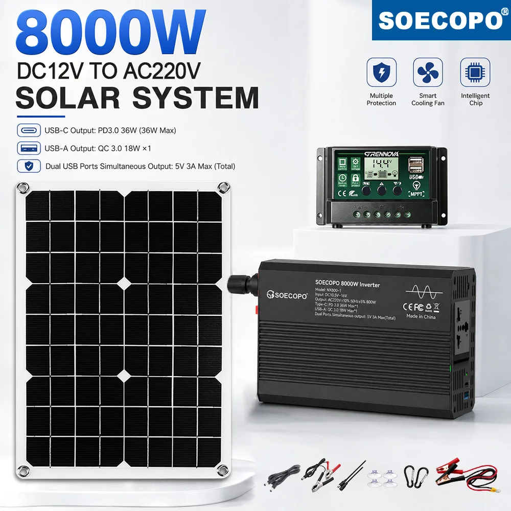 SOECOPO Solar System Package 800W Rated Power Inverter 8000W Version DC12V to AC220V PD3.0 36W QC3.0 18W Dual USB Controller Set