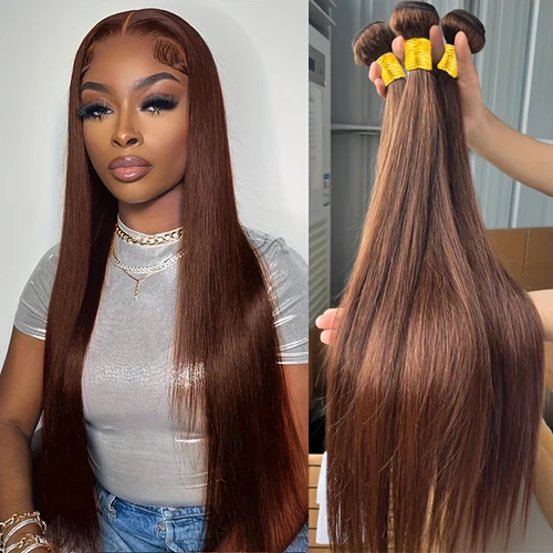 Color del paquete marrón oscuro # Paquete de 4 cabello humano liso, marrón Chocolate, recto, 3 paquetes, paquete de cabello humano virgen 100% brasileño