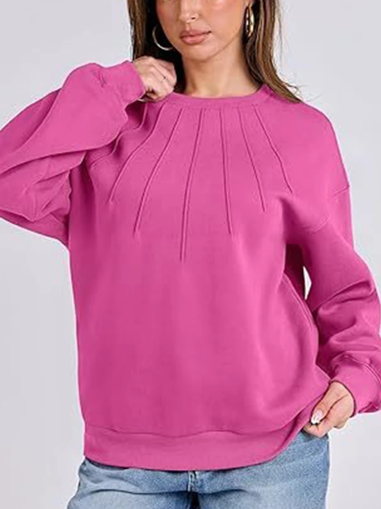 Women's Blouses O Neck Pleated Long- Sleeve 2024 New Casual Solid Color Sweatshirt Spring Autumn Women Elegant Office Sweatshirt