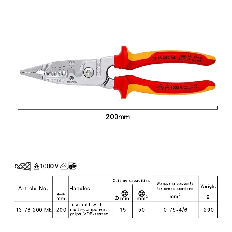 KNIPEX 13 76 200 ME Insulated Plier 200mm 1000V VDE Tested Electrician Wire Stripper Chrome-Plated Multifunctional Plier