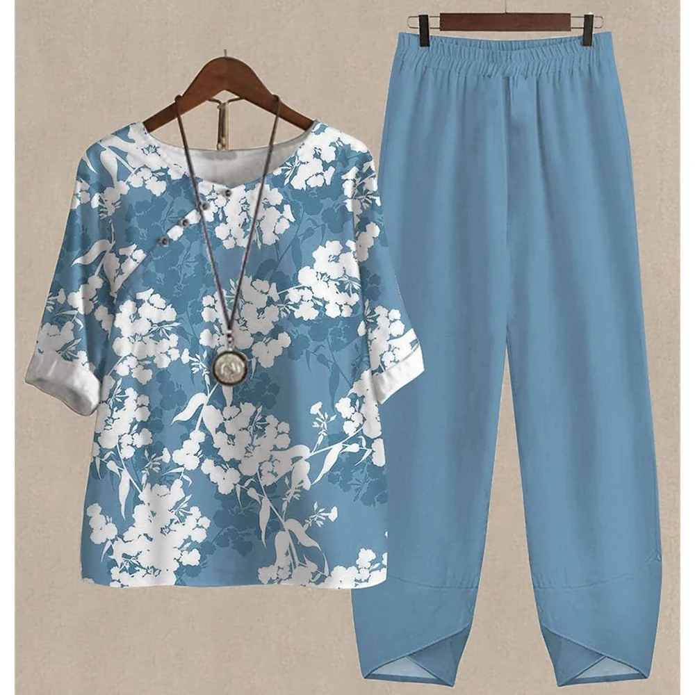 New Two Piece Sets Women O Neck Half Sleeve Suit Flower Print Elegant Ladies Tops Summer Female Outfits High Waist Loose Pants