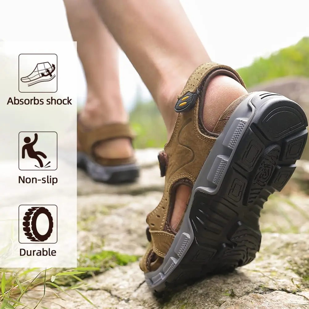GOLDEN CAMEL Men\'s Summer Sandals Leather Open Toe Hiking Sandal Walking Beach Shoes for Men Water Athletic Premium Waterproof