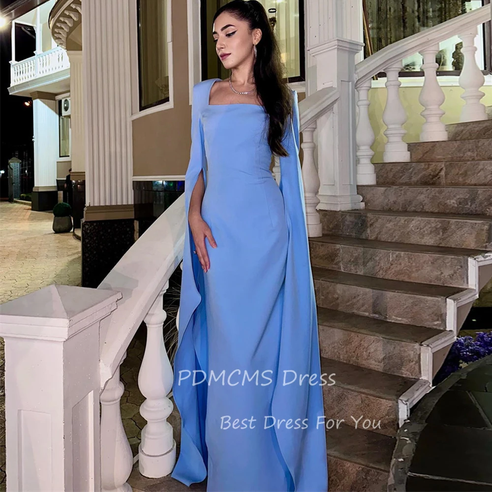 

Simple Blue Mermaid Saudi Arabia Evening Dresses Square Neck Floor-Length Party Gowns Long Flare Cape Sleeves Elegant Prom Dress