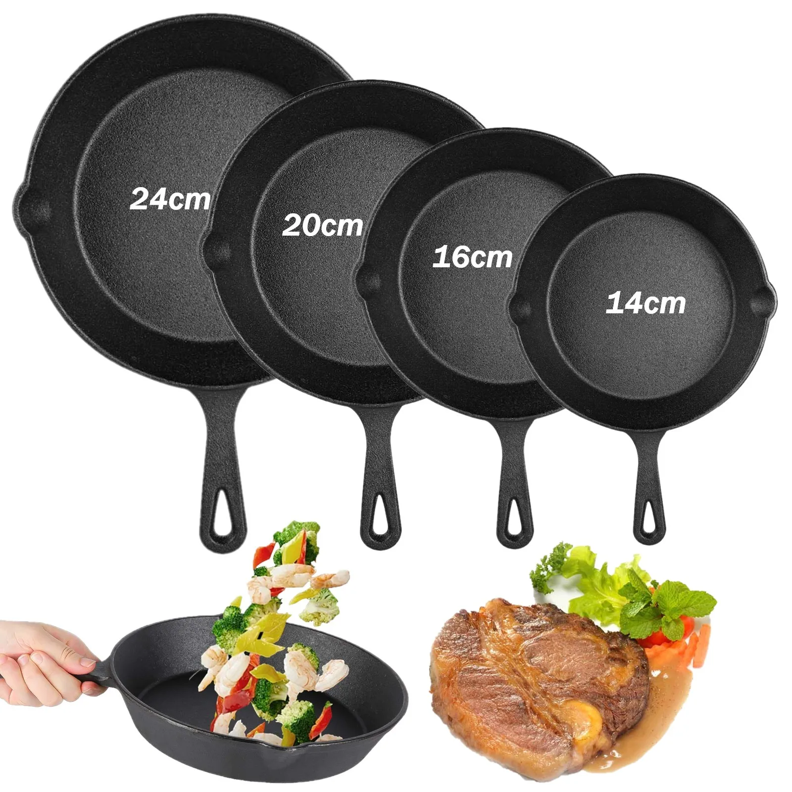 Lot de 4 mini poêles en fonte antiadhésives portables pour œufs et omelettes, idéales pour la friture, la grillade, le barbecue, les cuisinières à gaz et à induction, et les fours