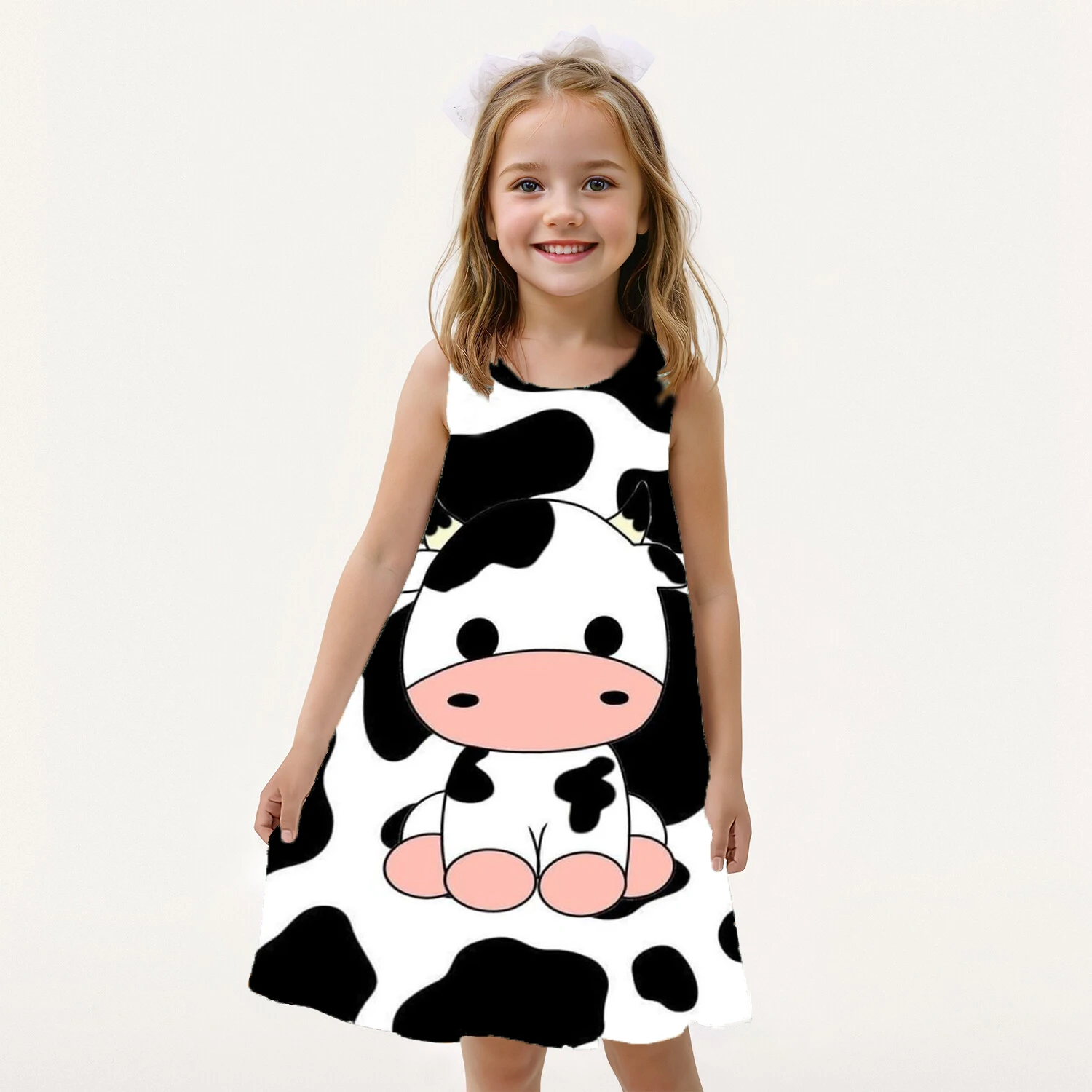 Summer Cute Girl Milk Cow Print Dress Sleeveless Round Neck Fun Princess Dress Fashionable Casual Loose Comfortable Dress