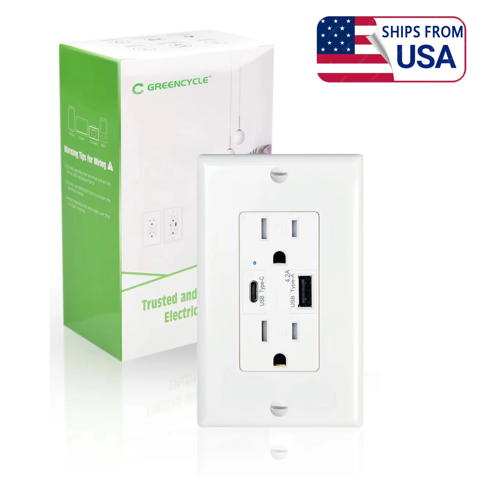 

4.2A/5.8A Dual USB Wall White Outlet Receptacle Type C High Speed Charging Ports 15A TR Duples Socket with Wall Plate UL Listed