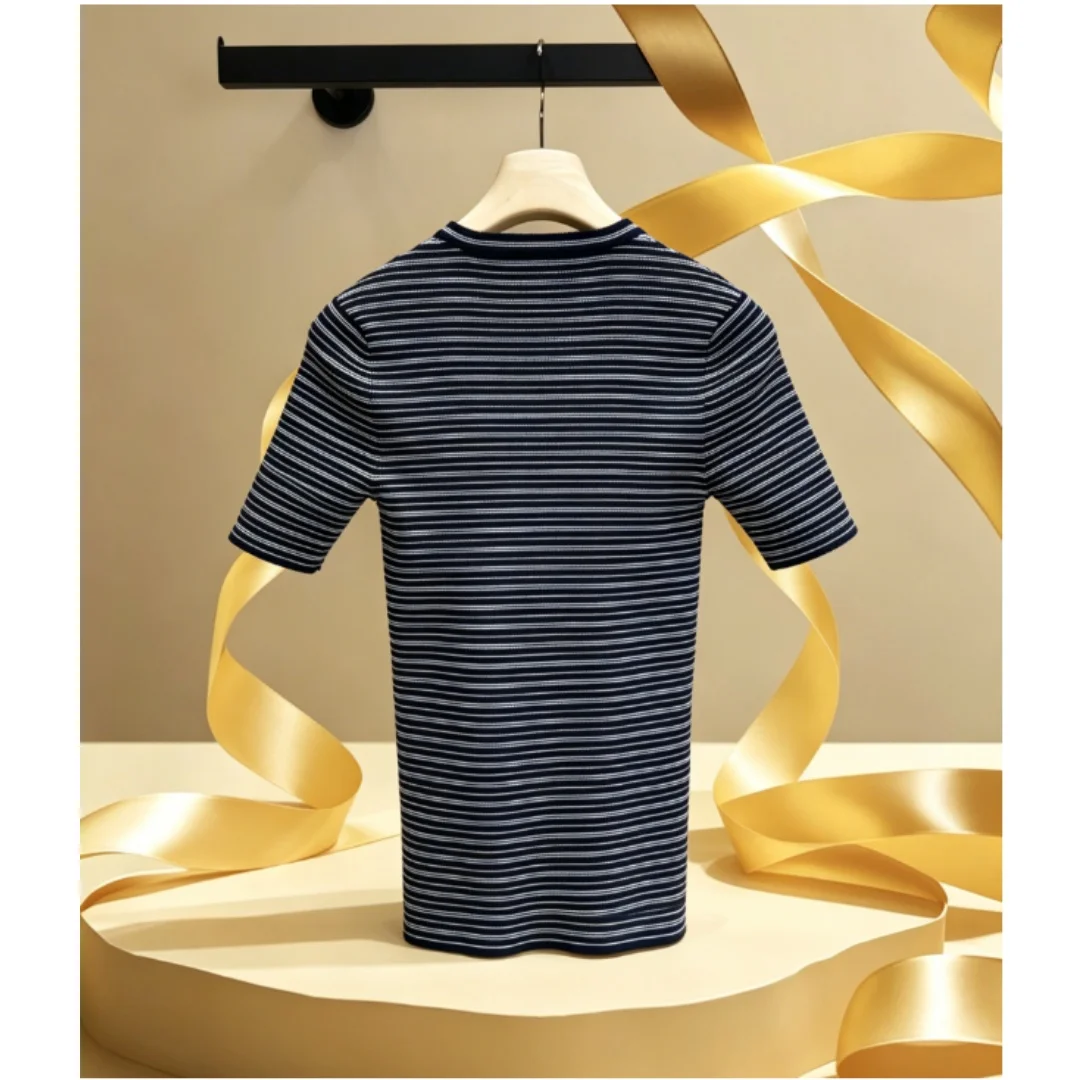 

Summer New Style Women's Fashionable Blue-black Fine Stripe Knitted Short-sleeved Top