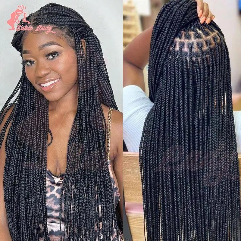 36 بوصة Knotless صندوق شعر مستعار مضفر الاصطناعية كورنو Knotless صندوق الضفائر شعر مستعار كامل الدانتيل شعر مستعار أمامي للنساء السود تجديل شعر مستعار #1