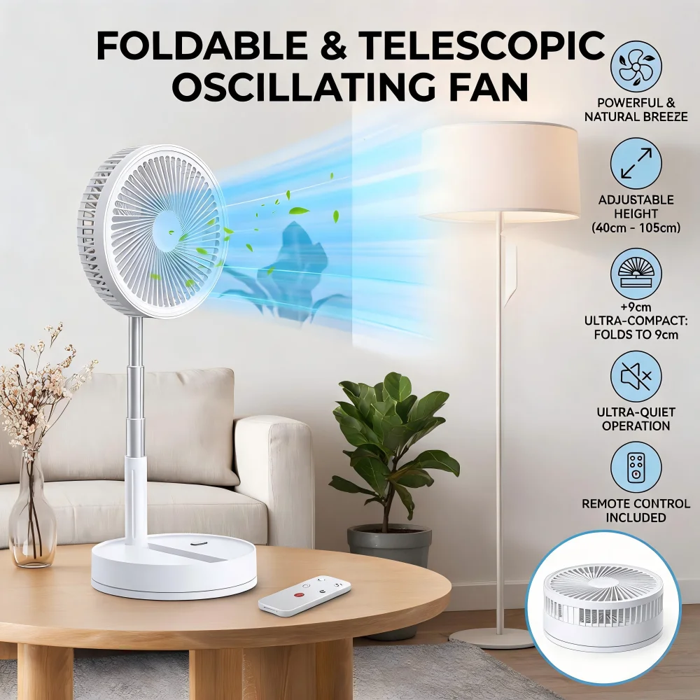 Ventilateur pliant portable, ventilateur sur pied extensible en hauteur avec télécommande, chargement Type-C, ventilateur à 4 vitesses, silencieux, pour la maison, pique-nique, barbecue