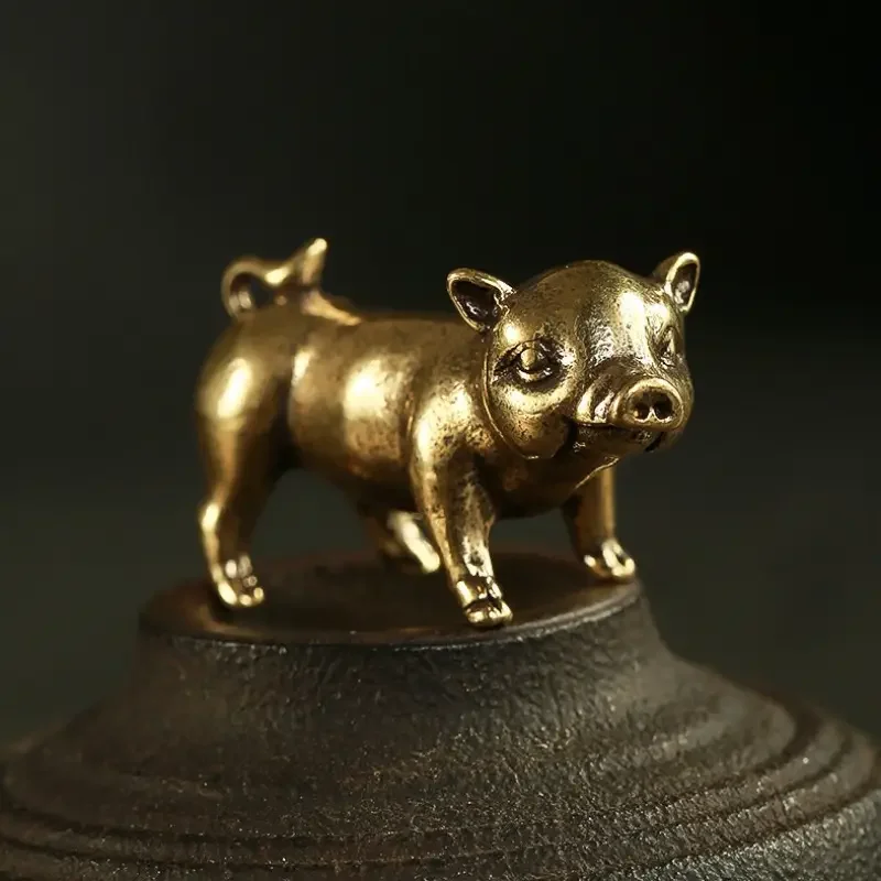 Brass Pig Figurine Collectible, Cute Metal Animal Sculpture for Tabletop Decor