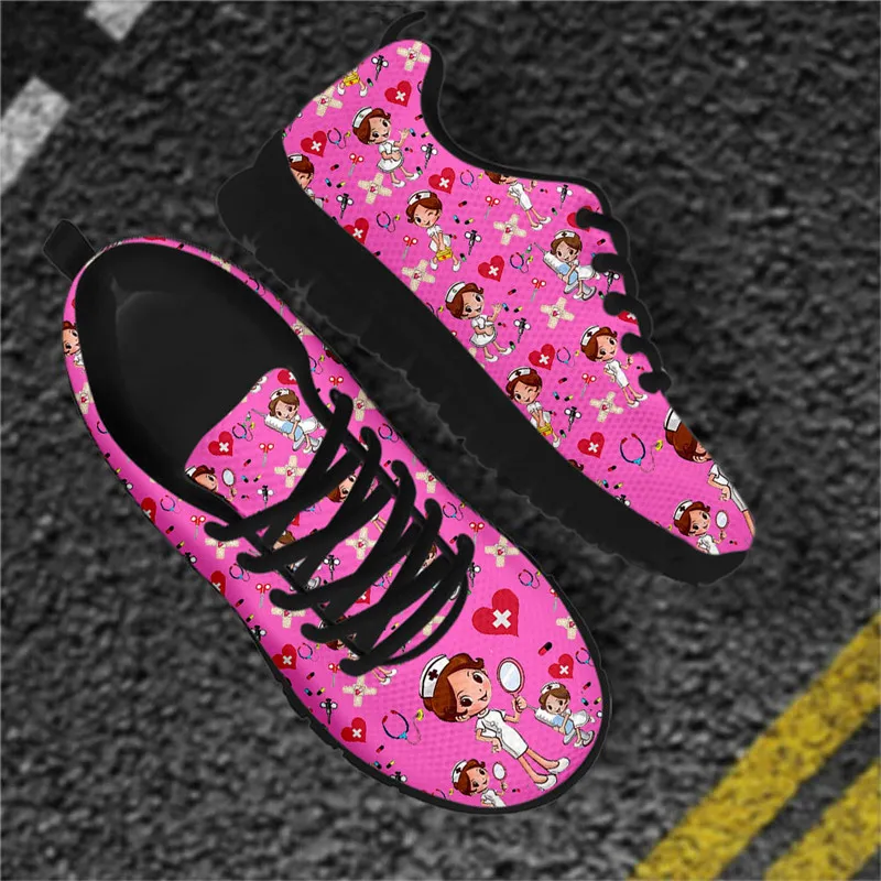 

INSTANTARTS Kawaii Hospital Cartoon Nurse Girls Pattern Sneakers Breathable Lace-up Flat Shoes Outdoor Light Walking Footwear