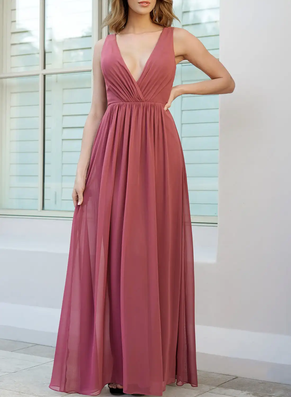 

Lovely Square Back and Sash Tie V-neck Neckline Chiffon Floor-Length Length Fabric A-Line Silhouette Bridesmaid Dresses