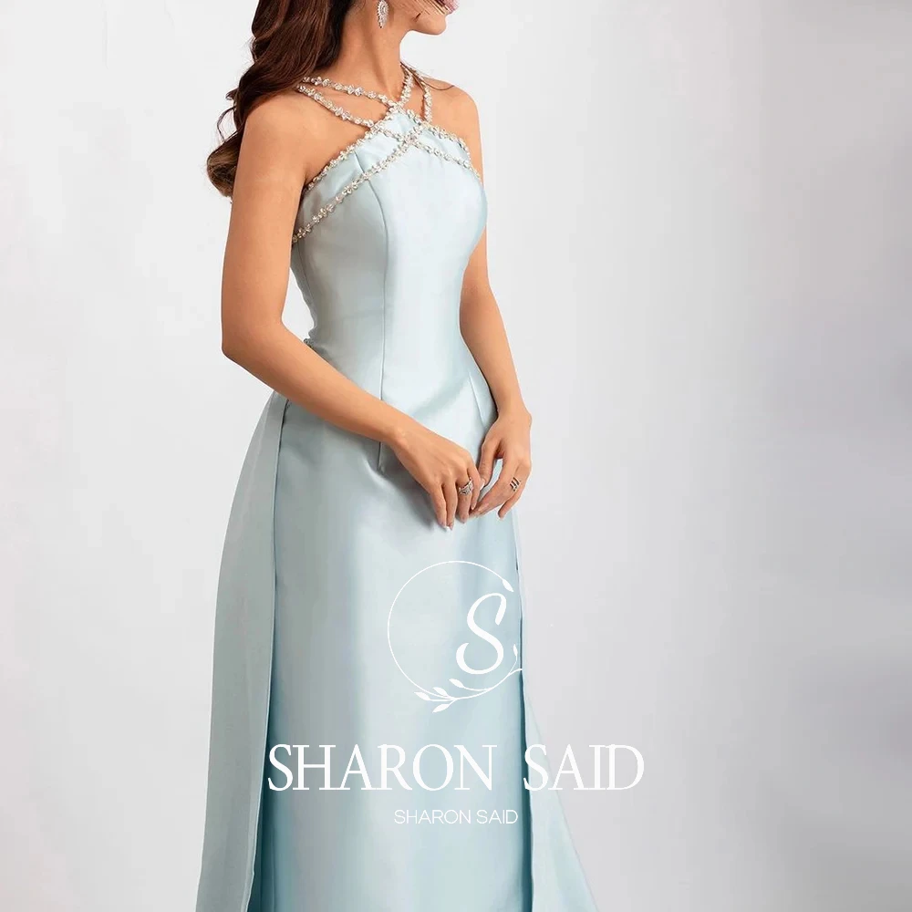 Sharon Said Elegantes Hellblaues Satin-Abendkleid im Arabischen Stil für Hochzeiten, mit Überrock, Formelle Partykleider SF048, Maßanfertigung – Detail 7